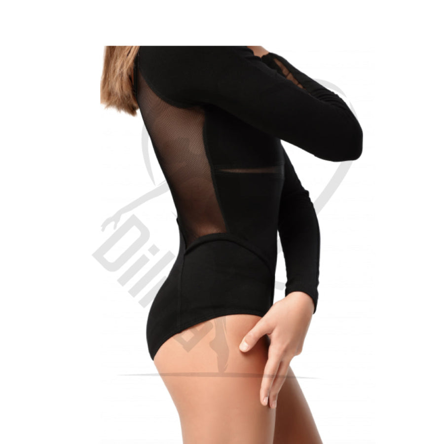 Puzzle Black Leotard With Sleeves With Mesh Back Leotards